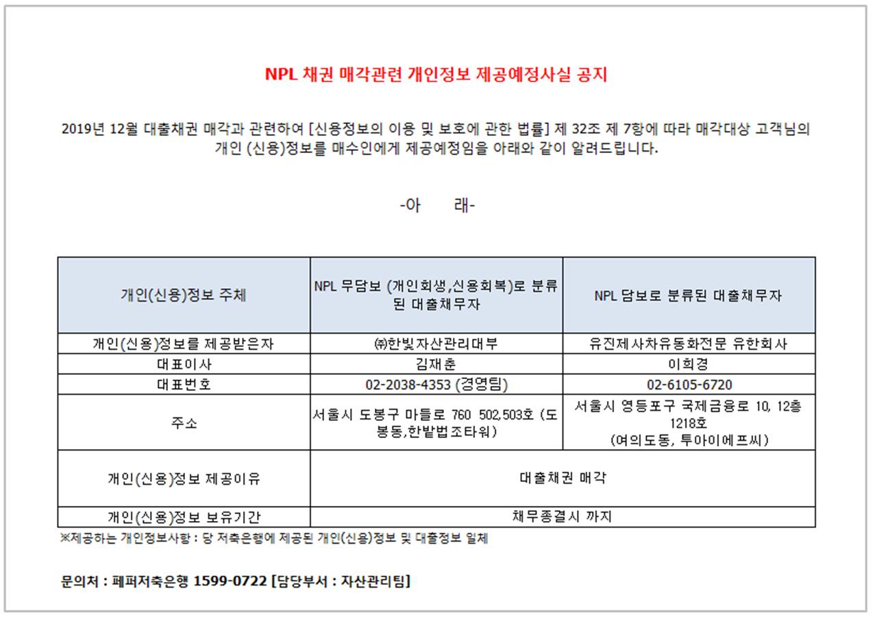 NPL 채권 매각관련 개인정보 제공예정사실 공지
2019년 12월 대출채권 매각과 관련하여 [신용정보의 이용 및 보호에 관한 법률] 제 32조 제 7항에 따라 매각대상 고객님의
개인 (신용)정보를 매수인에게 제공예정임을 아래와 같이 알려드립니다.
-아 래-
1. 개인(신용)정보 주체
2. NPL 무담보 (개인회생 신용회복)로 분류 된 대출 채무자
3. NPL 담보로 분류된 대출 채무자
1-1.개인(신용)정보를 제공받은자
2-1.대표이사 
3-1.대표번호
4-1.주소
5-1.개인(신용)정보 제공이유
6-1.개인(신용)정보 보유기간
1-2. (주)한빛 자산관리대부
2-2. 김재춘 
3-2. 02-2038-4353(경영팀)
4-2.서울시 도봉구 마들로 760 502,503호 (도봉동,한밭법조타워)
5-2.대출채권 매각
6-2. 채무종결시 까지
1-3. 피에이치비제십삼차유동화전문유한회사
2-3. 김인수 
3-3. 02-2038-7943
4-3.서울시 도봉구 마를로 760 502호 (도봉동, 봉동,한밭법조타워)
5-3.대출채권 매각
6-3. 채무종결시 까지
* 제공하는 개인정보사항 : 당 저축은행에 제공된 개인(신용)정보 및 대출정보 일체
문의처 : 페퍼저축은행 1599-0722 [담당부서 : 자산관리팀]
