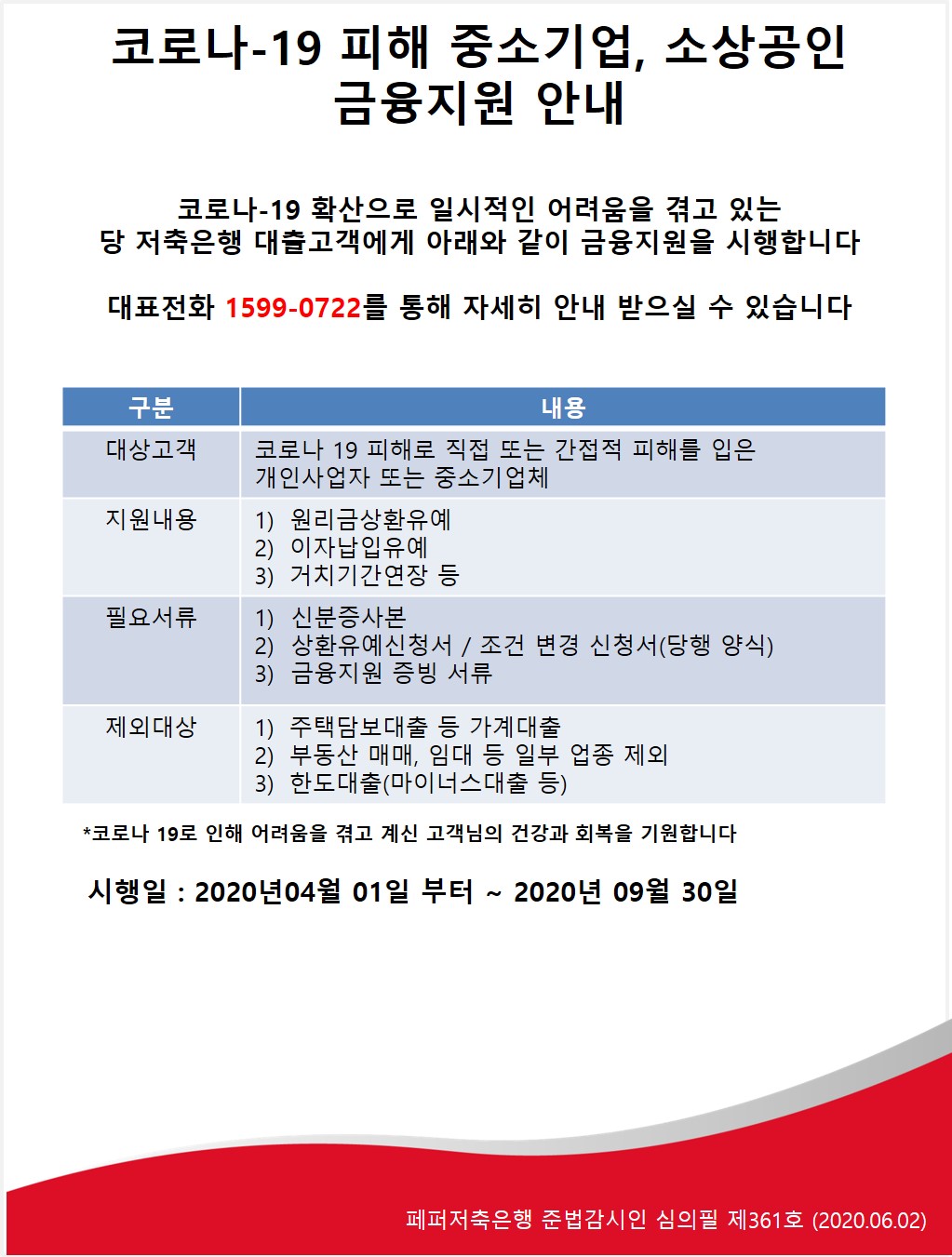 코로나-19 피해 중소기업, 소상공인 금융지원 안내
코로나-19 확산으로 일시적인 어려움을 겪고 있는 당 저축은행 대출고객에게 아래와 같이 금융지원을 시행합니다
대표전화 1599-0722를 통해 자세히 안내 받으실 수 있습니다
1-1.구분 1-2.내용
2-1.대상고객 2-2.코로나 19 피해로 직접 또는 간접적 피해를 입은 개인사업자 또는 중소기업체 
3-1.지원내용 3-2. 1) 원리금상환유예 2) 이자납입유예 3) 거치기간연장 등 
4-1.필요서류 4-2.1) 신분증사본 2) 상환유예신청서 / 조건 변경 신청서(당행 양식) 3) 금융지원 증빙 서류
5-1.제외대상 5-2. 1) 주택담보대출 등 가계대출 2) 부동산 매매, 임대 등 일부 업종 제외 3) 한도대출(마이너스대출 등)
*코로나 19로 인해 어려움을 겪고 계신 고객님의 건강과 회복을 기원합니다 시행일 : 2020년04월 01일 부터 ~ 2020년 09월 30일 페퍼저축은행 준법감시인 심의필 제361호 (2020.06.02)

