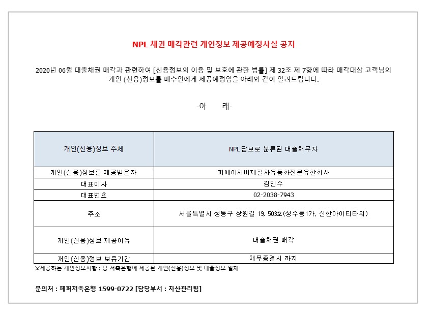 NPL 채권 매각관련 개인정보 제공예정사실 공지
2020년 06월 대출채권 매각과 관련하여 [신용정보의 이용 및 보호에 관한 법률] 제 32조 제 7항에 따라 매각대상 고객님의
개인 (신용)정보를 매수인에게 제공예정임을 아래와 같이 알려드립니다.
-아 래-
1. 개인(신용)정보 주체
2. NPL 담보로 분류된 대출채무자
1-1.개인(신용)정보를 제공받은자
2-1.대표이사 
3-1.대표번호
4-1.주소
5-1.개인(신용)정보 제공이유
6-1.개인(신용)정보 보유기간
1-2. 피에이치비제팔차유동화전문유한회사
2-2. 김인수
3-2.02-0238-7943
4-2.서울특별시 성동구 상원길 19,503호(성수동 1가, 신한아이티타워)
5-2.대출채권 매각
6-2. 채무종결시 까지
* 제공하는 개인정보사항 : 당 저축은행에 제공된 개인(신용)정보 및 대출정보 일체
문의처 : 페퍼저축은행 1599-0722 [담당부서 : 자산관리팀]
