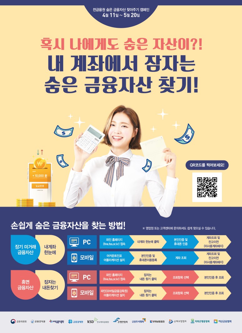전금융권 숨은 금융자산 찾아주기 캠페인 4월 11일 ~ 5월 20일 혹시 나에게도 숨은 자산이?! 내 계좌에서 잠자는 숭은 금융자산 찾기! QR코드를 찍어보세요! *영업점 또는 고객센터에 문의하셔도 쉽게 찾으실 수 있습니다. 손쉽게 숨은 금융자산을 찾는 방법!
1. 장기 미거래 금융자산 / 내계좌 한눈에
1-1.PC : 파인 홈페이지 (line.tss.or.kr) 접속 > 내계좌 한눈에 클릭 > 본인인증 및 휴대폰 인증 >계좌조회 및 잔고이전 (미사용계좌해지)
1-2.모바일 : 어카운트인포 어플리케이션 설치> 본인인증 및 휴대폰이용등록 >계좌 조회 >계좌조회 및 잔고이전 (미사용계좌해지)
2.휴면 금융자산 /잠자는 내돈찾기
2-1.pc: 파인 홈페이지 (fine.tss.or.kr) 접속> 잠자는 내돈 찾기 클릭> 조회항목 선택> 본인인증 후 조회
2-2. 모바일: 파인(모바일금융감독원) 어플리케이션 설치> 잠자는 내돈 찾기 클릭> 조회항목 선택 > 본인인증 후 조회
금융위원회,금융감독원,서민공흥진흥원,금융결제원,ksd ,한국에티결제원,은행연합회,금융투자협회,생명보험협회,손해보험협회,저축은행중앙회,여신금융협회