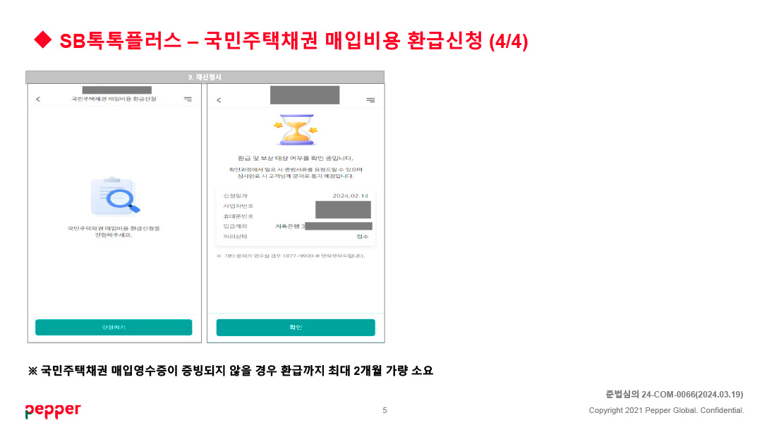 SB톡톡플러스 - 국민주택채권 매입비용 환금신청 안내(4/4)
- 국민주택채권 매입영수증이 증빙되지 않을 경우 환급까지 최대 2개월 가량 소요
준법승의 24-com-0066(2024.03.19)
copyright 2021 pepper Global. Confidential
