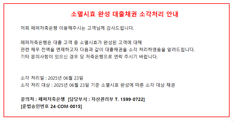 
    소멸시효 완성 대출채권 소각처리 안내.     저희 페퍼저축은행 이용해주시는 고객님께 감사드립니다.     페퍼저축은행은 대출 고객 중 소멸시효가 완성된 고객에 대해
    관련 채무 전액을 면제하고자 다음과 같이 대출채권을 소각 처리하였음을 알려드립니다.
    기타 문의사항이 있으신 경우 당 저축은행으로 연락 주시기 바랍니다.     소각 처리일: 2025년 06월 23일
    소각 처리 대상: 2025년 06월 23일 기준 소멸시효 완성에 따른 소각 대상 채권     문의처: 페퍼저축은행  [담당부서: 자산관리부  T. 1599-0722]
    준법승인번호 24-COM-0015 